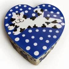 Lynn Morris Heart Shaped Glazed Ceramic Trinket Box Cat Kitty Blue White