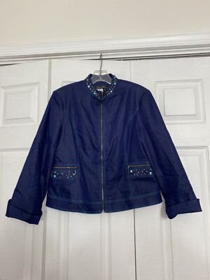 City Girl Nancy Blown Size Medium Full Zip Stretch Denim Jacket Beaded Women s M
