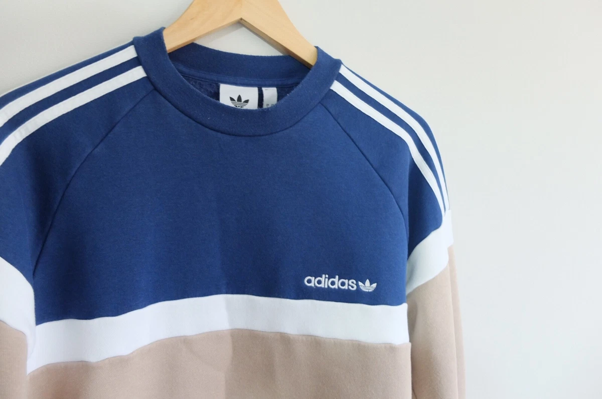 Adidas Originals S Blue Beige Sweater trefoil white stripes 2018