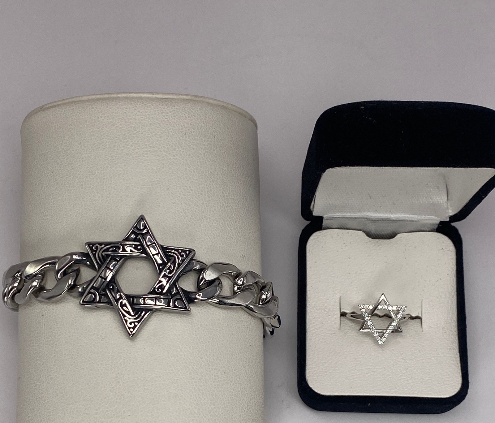 Star Of David Sterling Silver 925 CZ Ring 6 Chunky Chain Bracelet Set Hanukkah