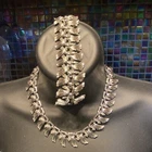 Vtg Lisner Choker Necklace & Bracelet Set Silvertone Mid Century Organic Leaf A1