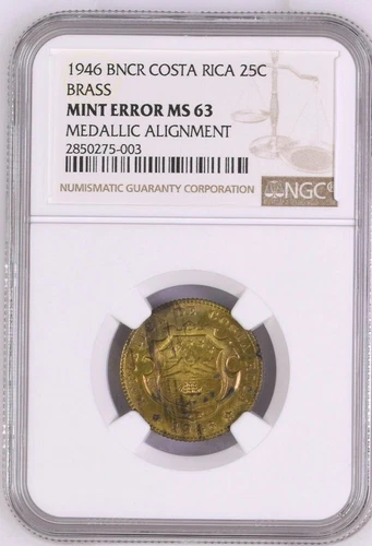 Costa Rica: 25 Centimos 1946 BNCR, NGC MS 63, Medallic Alignment, VERY RARE