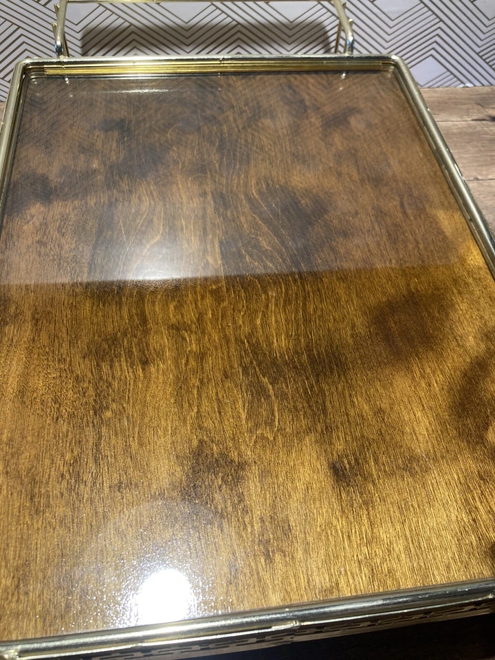 Mid Century Modern Bar Serving Tray Wood Glass Top Hollywood Regency Tiki Bar - Image 4 of 4