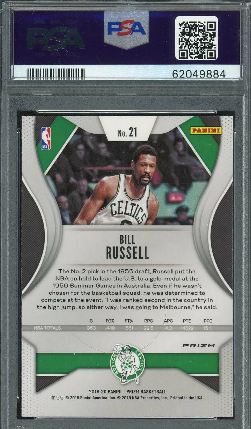 Bill Russell 2019 Panini Prizm Green Prizm Basketball Card #21 Graded PSA 10 view 2
