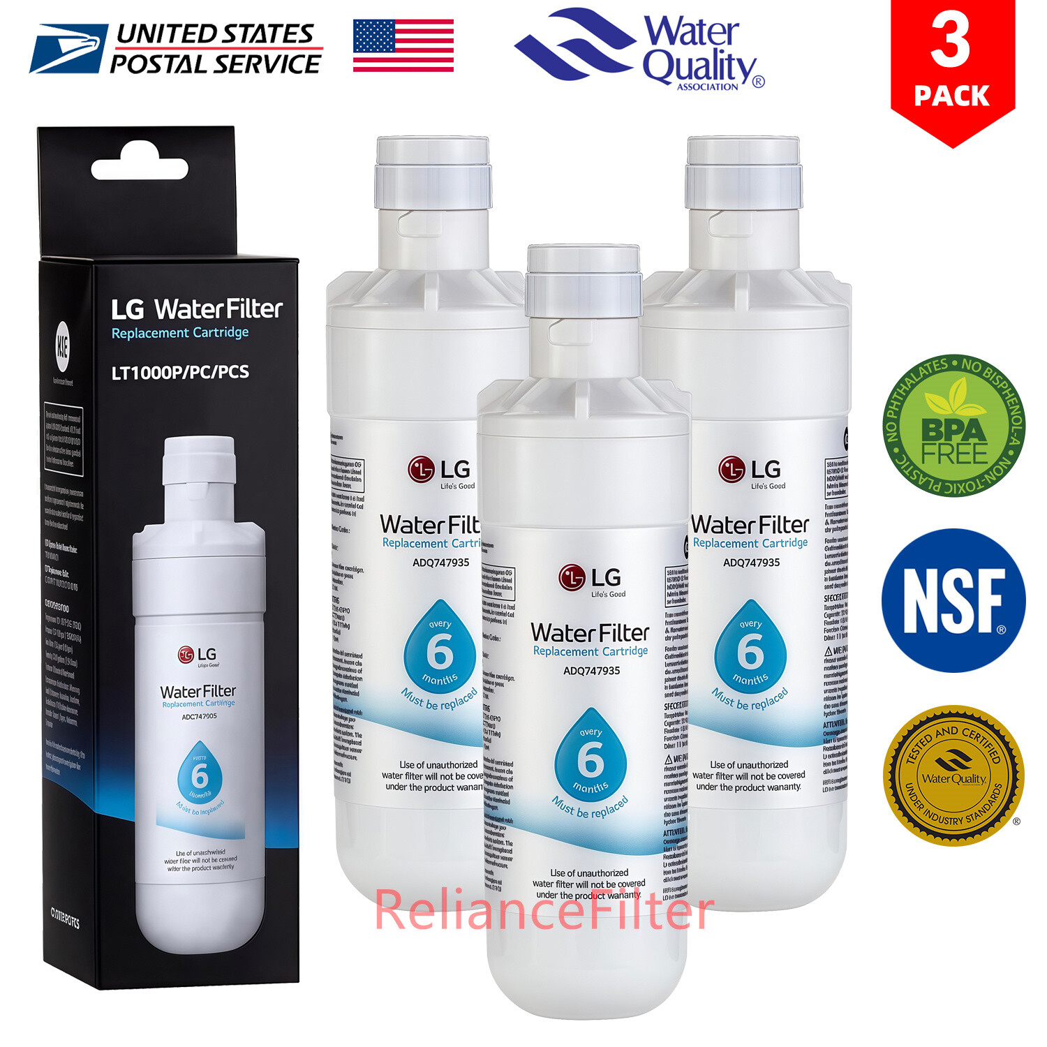 3 Pack LG LT1000P Refresh Refrigerator Ice Water Filter ADQ747935 GF-D706BSL NEW