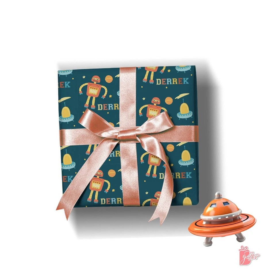 Name Personalized Gift Wrapping Paper Roll 24" Alien Robot Birthday Gift Wrap - Image 2 of 4