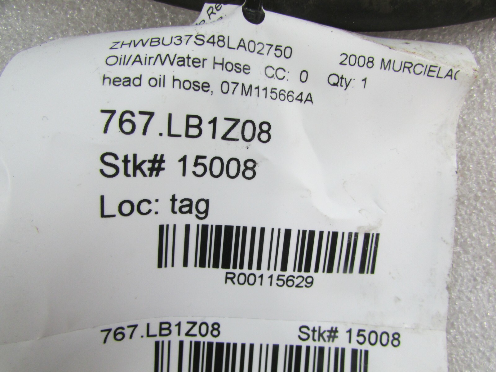 Lamborghini Murcielago, Head Oil Hose, Used, P/N 07M115664A
