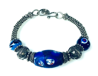 Artisan Made Bangle Bracelet Loaded with Sterling Silver & Interesting Beads a