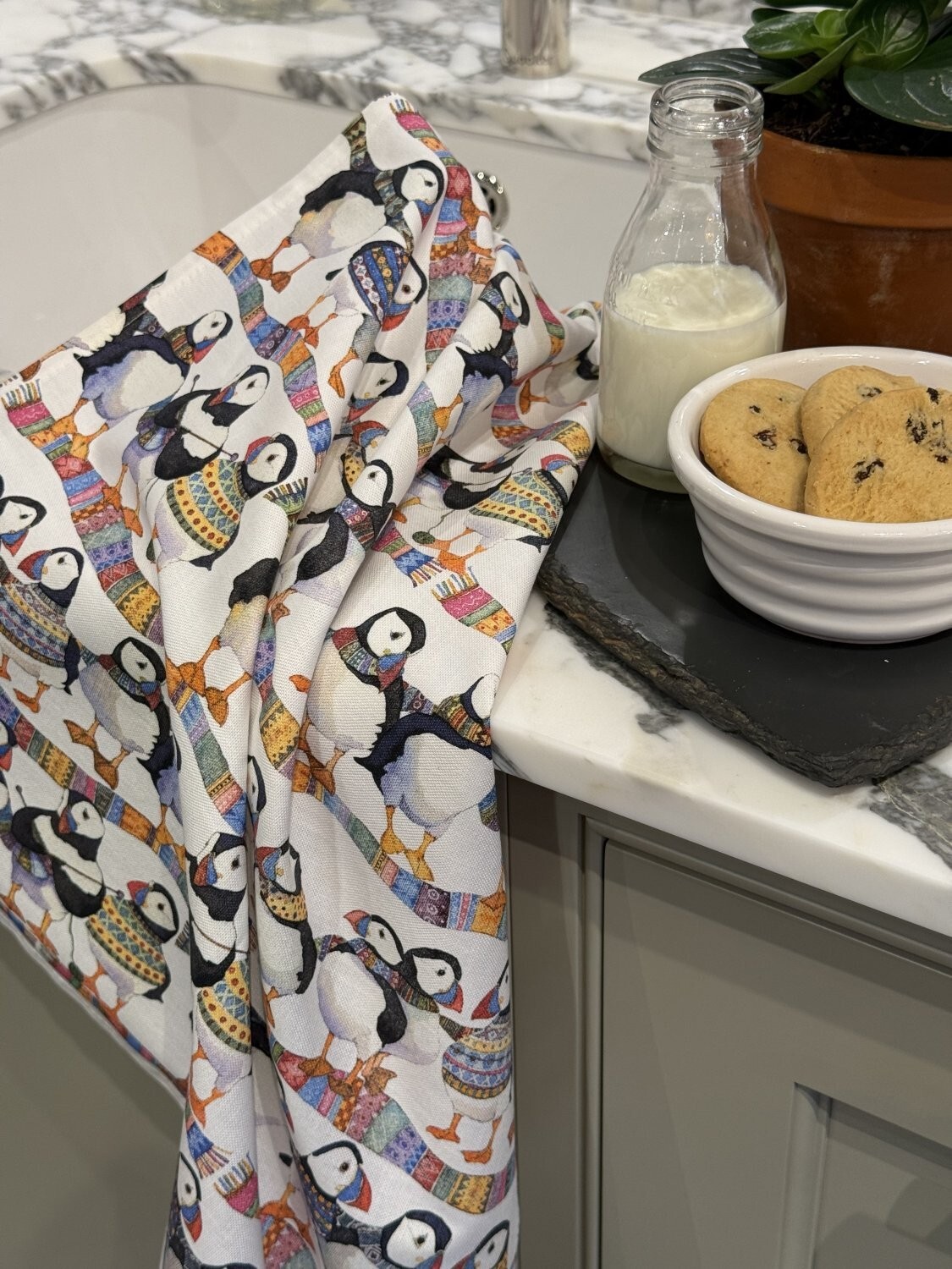 Emma Ball ""Puffins in Scarves"", Pure cotton tea towel. Printed in the UK.
