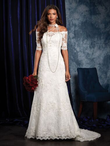 NEW Alfred Angelo 1/2Sleeve Lace Wedding Dress, Ivory Size 4 A-Line Off Shoulder - Picture 1 of 3