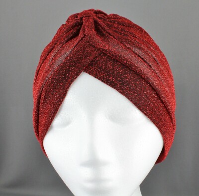 Sparkly turban cap Red hair wrap twist pleated head cap cover turband sheer