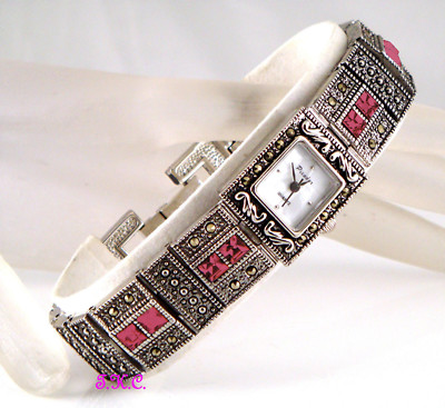 Vintage Red Garnet &  Genuine Marcasite Semi Precious Gems Silver Bracelet Watch