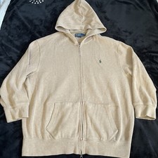 Vintage Polo Ralph Lauren Tan Ribbed Knit Hoodie Full Zip Cotton XXL Green Pony