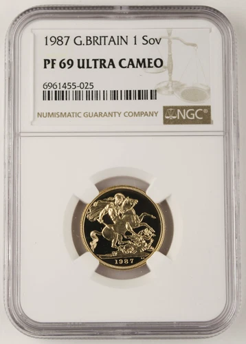 Great Britain UK 1987 Pound/Sovereign 0.2354 Oz AGW Gold Proof Coin NGC PF69 UC