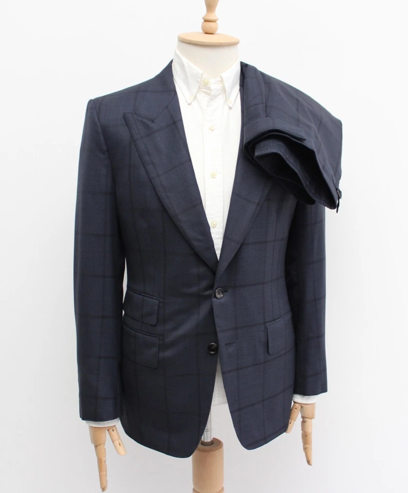 Para hombres TOM FORD Shelton Lana Cuadros 2 Piezas Traje Chaqueta Blazer Pantalones Azul Marino 50 US40 Foto 2 de 4