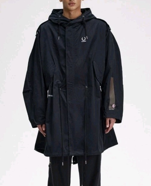 Raf Simons Fred Perry Printed Patched Oversized Hooded Parka Coat