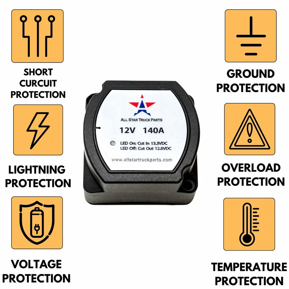 Kit profesional de relé sensible al voltaje (VSR) aislador de batería doble inteligente 12V 140 Amp Foto 3 de 4