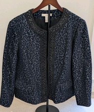 CHICO'S Animal Print Blazer Jacket Blue Black 2 L 12 Women Open Front AccentTrim