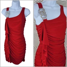Vintage 90s Bodycon Mini Dress Medium Sexy Sheath Club Evening Red Ruched Ruffle