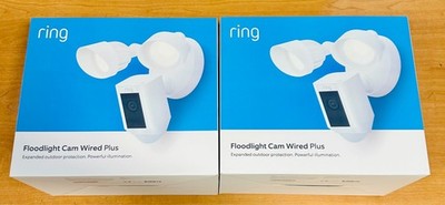 (2 PACK) Ring Floodlight Cam Wired Plus Outdoor Wired Surveillance Camera- WHITE