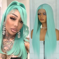 Long Straight Ice Blue Straight Hair Lace Front Wigs Women Party Heat Resistant