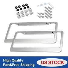 Stainless Steel Metal Chrome License Plate Frame Tag Cover With Screw Caps 2pcs