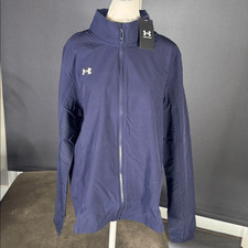 Women  s Under Armour Blue Hooded Warm Up Jacket Loose Fit Full Zip Size L NWT