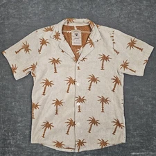 OAS Shirt Mens Medium Beige Brown Palm Tree Terry Cotton Button Up Resort Beach