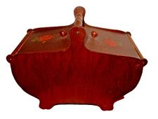 Antique curved Wooden Sewing Storage Box  2 doors & Handle Rose designs  Footed