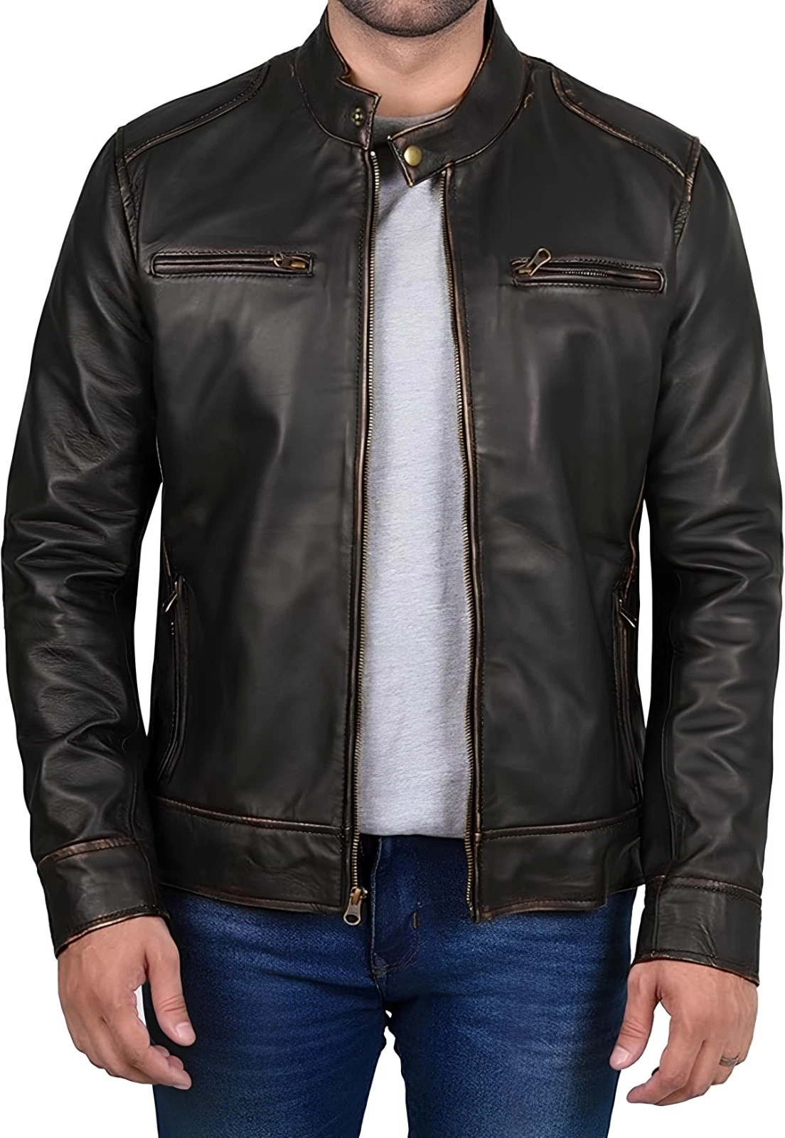 Men's Leather Jacket Black Ruboff Bomber Biker Genuine Real Mens Motorcycle Coat