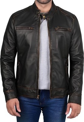 Men's Leather Jacket Black Ruboff Bomber Biker Genuine Real Mens Motorcycle Coat