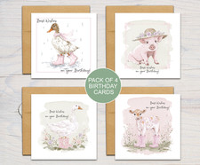 Pack of 4 Handmade Birthday Cards For Her - Farm Animals - Greeting Card Bundle