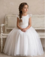 Elegant Pearl Tulle Communion Dress   White  Girls First Holy Communion Dress