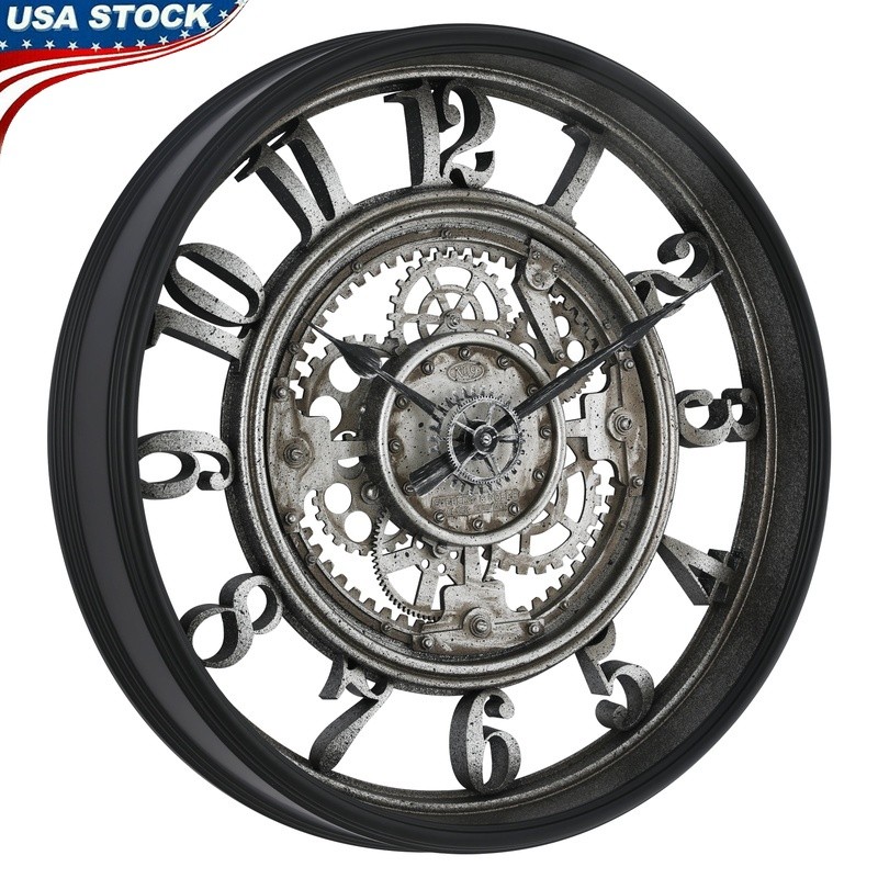 20 Inch Industrial Wall Clock Analog Moving Gears Decorative Home