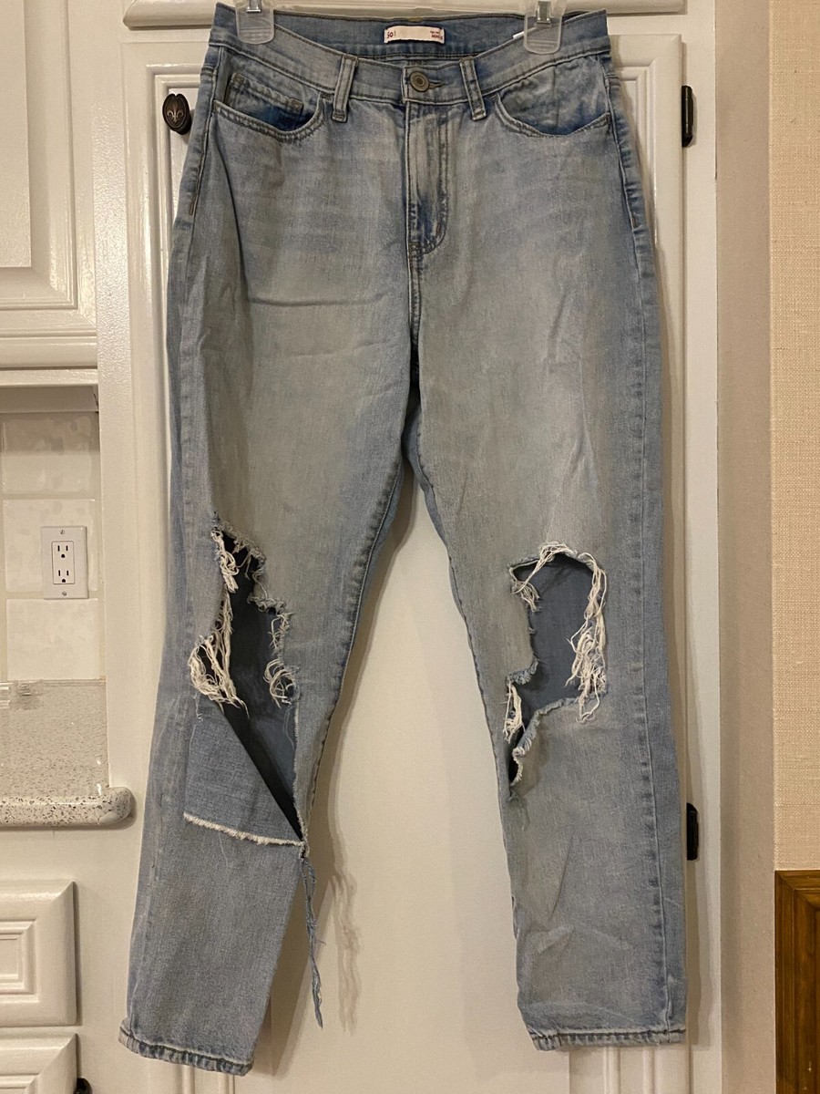 SO HIGH RISE MOM JEANS LIGHT WASH COTTON BLEND DISTRESSED SIZE 9 | eBay