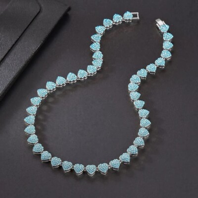 20 Ctw Round Cut Blue Topaz Tennis Heart Women's Necklace 14K White Gold Plated