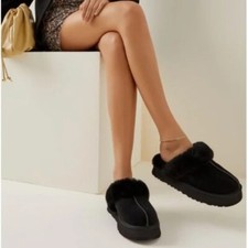 UGG DISQUETTE Platform Sheepskin Suede Slippers BLACK Sz 9 US 40 EU