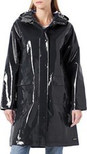 Women's Black Parka Hooded Raincoat Waterproof PVC Vinyl Zipper Trench Coat