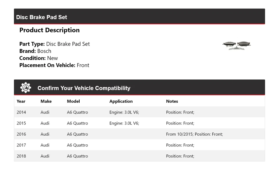 Pastillas de freno semimetálicas con delanteras HDW 2015 para Audi A6 Quattro Bosch 2014-2018 Foto 2 de 4