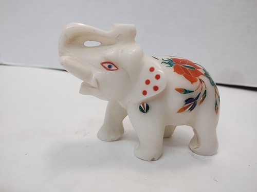 Very Unique Handmade Marble Elephant Statue 4" Marcasite Lapis Coral ? Beautiful