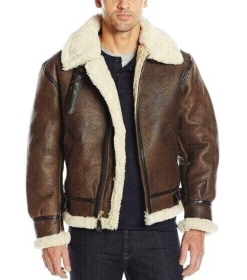 Men's Brown B3 Bomber Jacket - Real Sheepskin Leather Aviator Flight Fur Coat