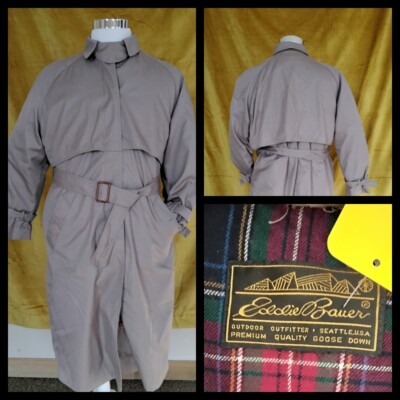 Eddie Bauer Trench Down Jacket Coat Women's Large Khaki Good Shape #J2514
