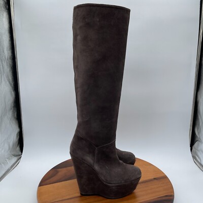 Stuart Weitzman Yum Boots Womens 6 Grey Tall Wedge Chunky Platform Zip Up