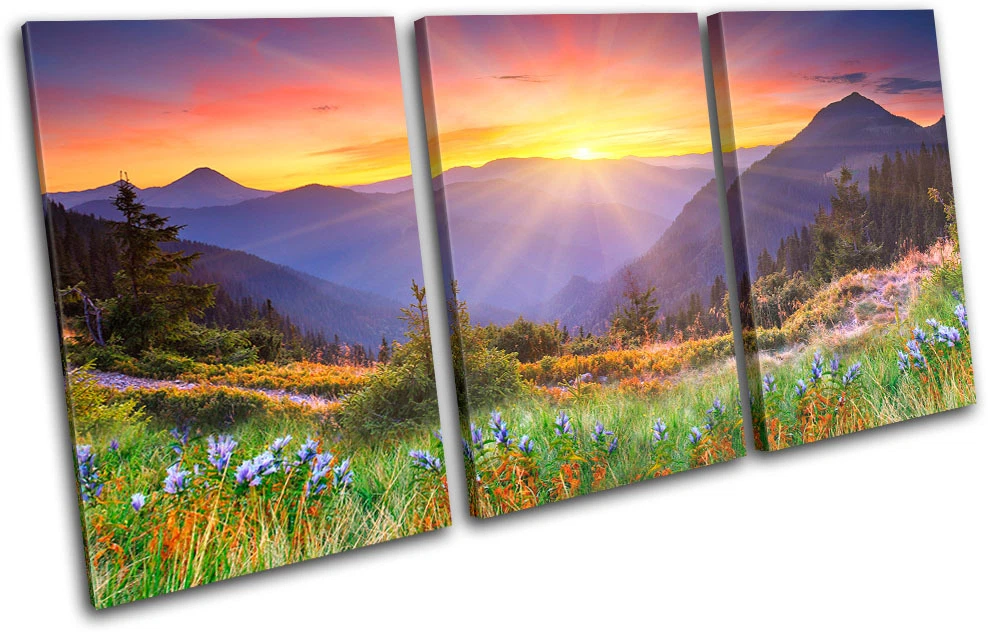 Sunset Mountains Landscapes TREBLE CANVAS WALL ART Picture Print VA