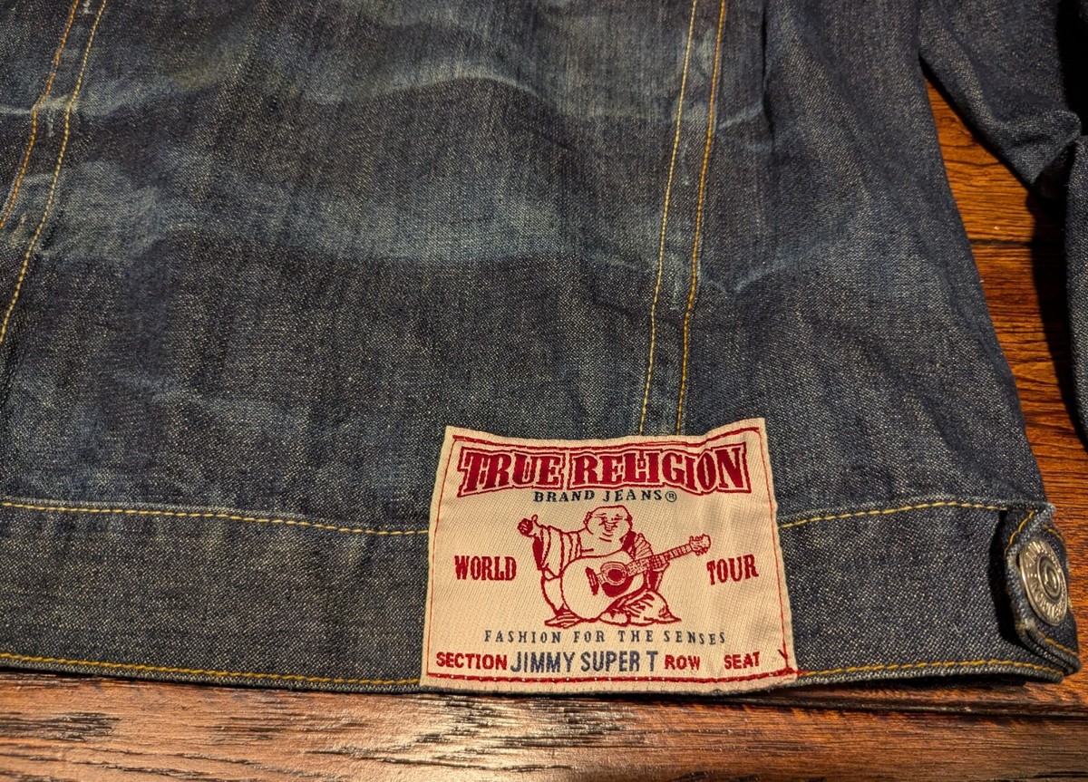 True Religion Men's Jimmy Super T Denim Jean Jacket w/ Brown True Religion Men's Jimmy Super T Denim Jean Jacket w/ Brown