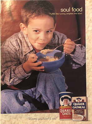 1999 Quaker Oatmeal Instant & Old Fashioned PRINT AD Boy Bowl VTG 90s Soul Food