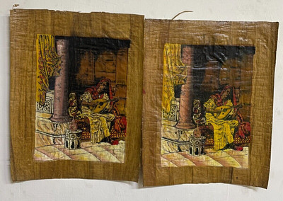 Set of 2 Ancient Egyptian Artifacts:Nubian Man Playing the Harp, Papyrus Artwork