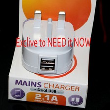 UK Mains Wall 3 Pin Plug Adaptor Charger 2 USB Ports for Phones Tablets 5V 2.1A
