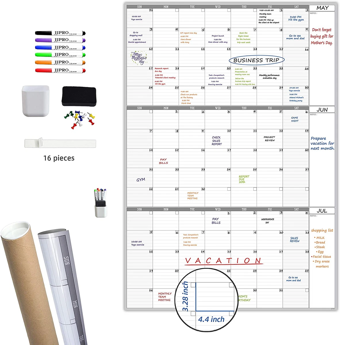 Large Dry Erase Calendar for Wall -3 Month Wall Calendar, 36