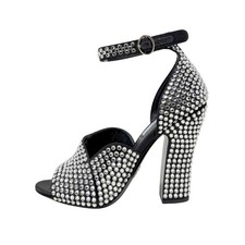 Prada Black Crystal Sandals Block Heel Ankle Strap Heels 37